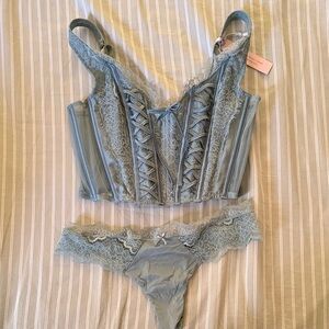 NWT Victoria’s Secret Elegant Lace Corset Lingerie Set in Dusty Blue